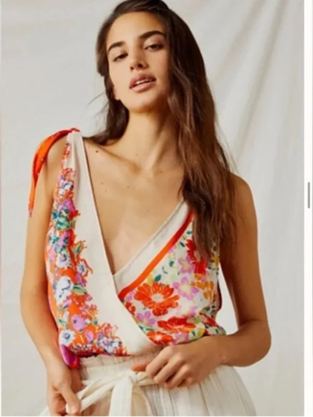 Free People Floral Print Tie to You Tank Top Shoulder V-Neck Crop Coral Multi XS